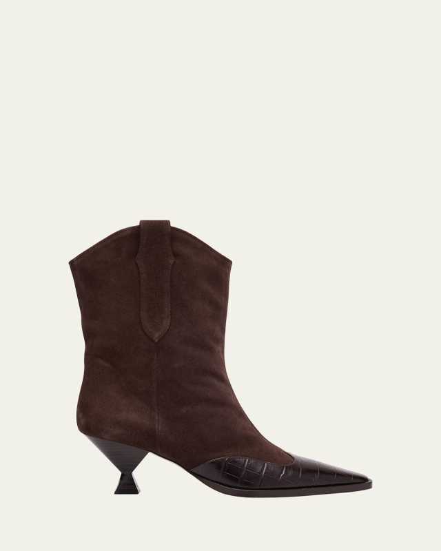 Nila Croco Suede Western Ankle Boots